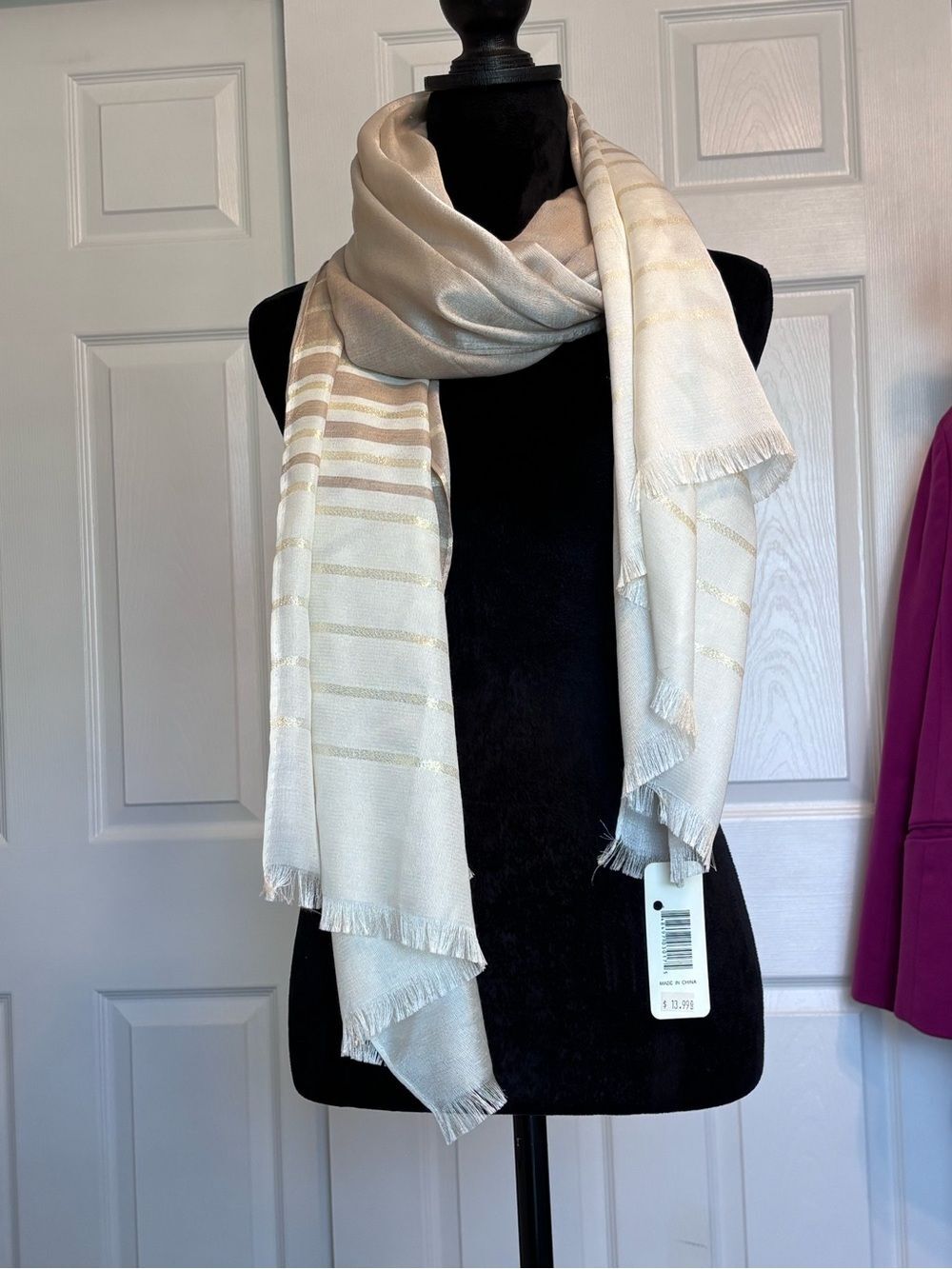 Simply Noelle NWT Tan Cream Beige Scarf Gold Stripes 76 X 28” Wrap Or Shawl